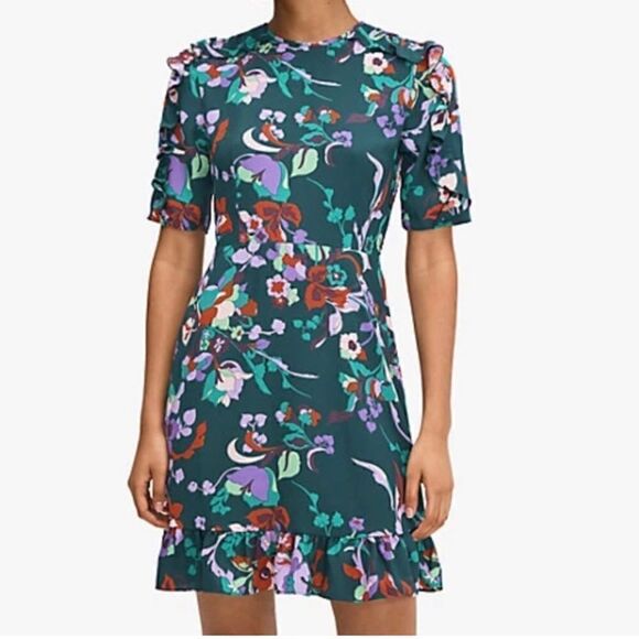 Kate Spade Fleur Nouveau dark green floral smocked ruffle mini dress size 0 - Picture 14 of 17